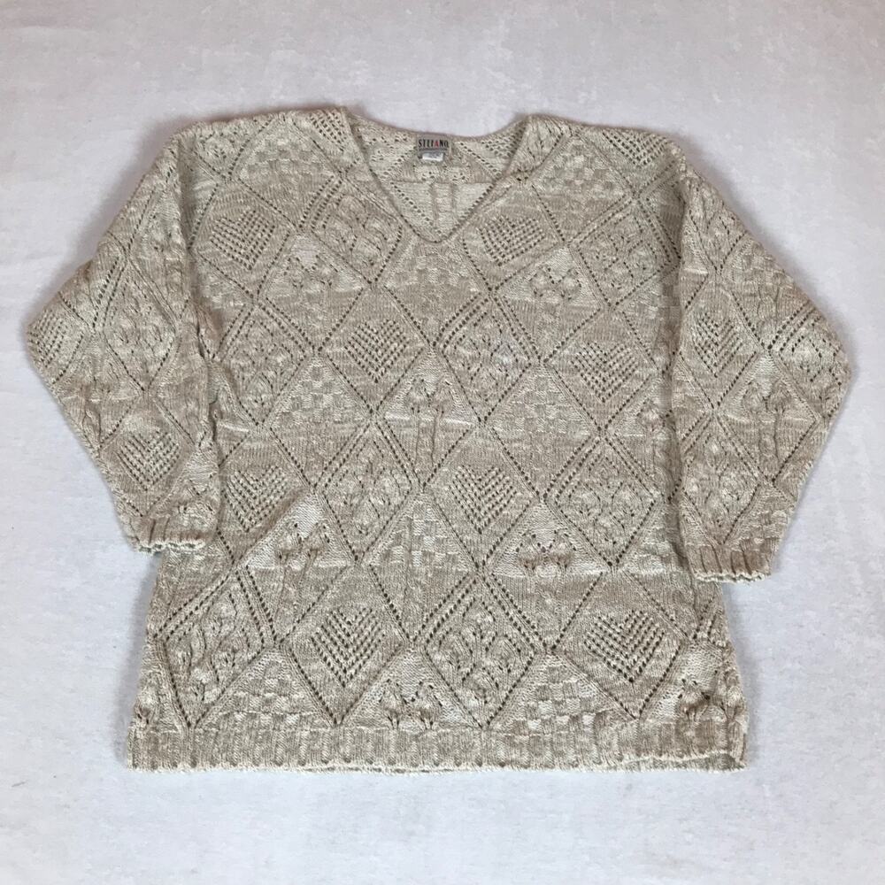 Vintage Made in USA Stefano Beige Open Knit Diamond V Neck Cotton Sweater